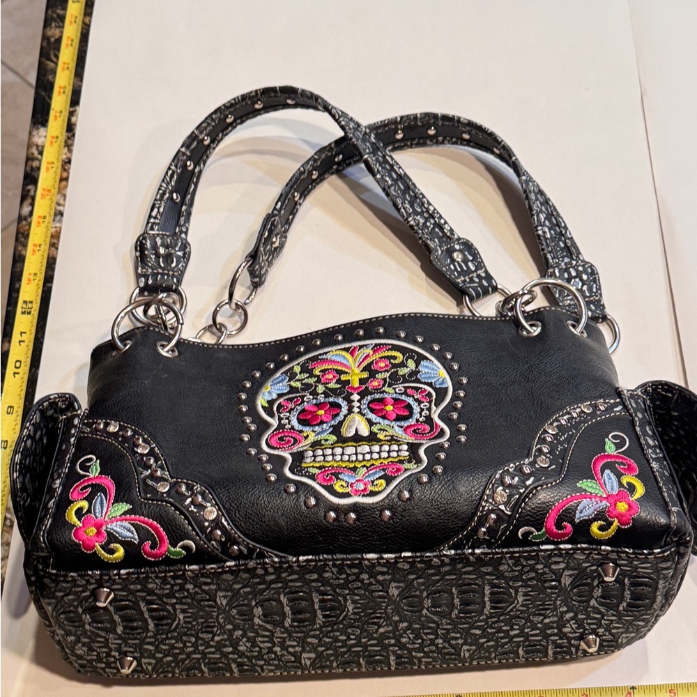 Embroidered Black Skull Conceal Handbag